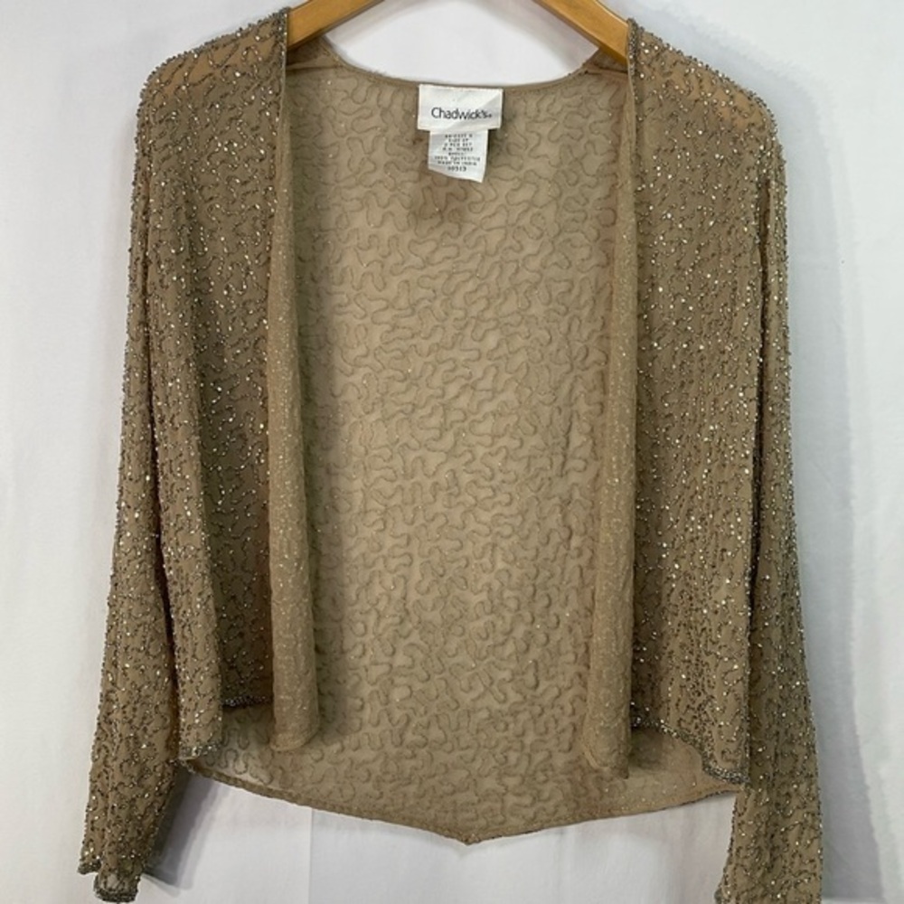 Chadwick’s elegant beige with silver bugle bead open jacket:
